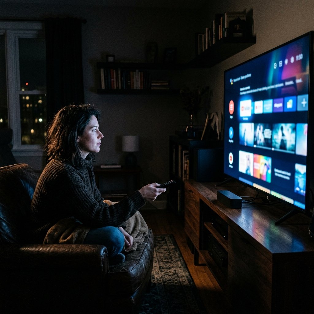Pessoa avaliando criteriosamente a TV durante a noite e madrugada no teste iptv 6 horas