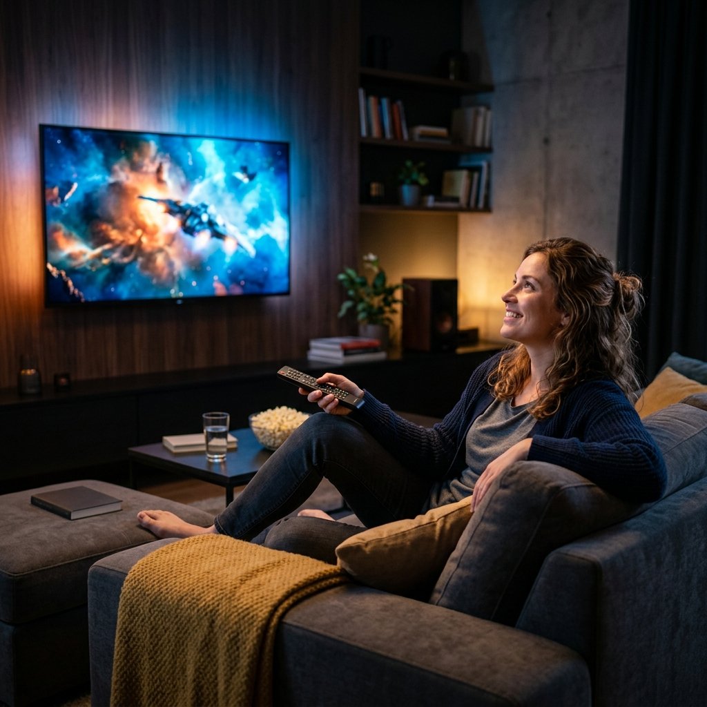 Pessoa utilizando o teste iptv sem travar no conforto da sala de estar
