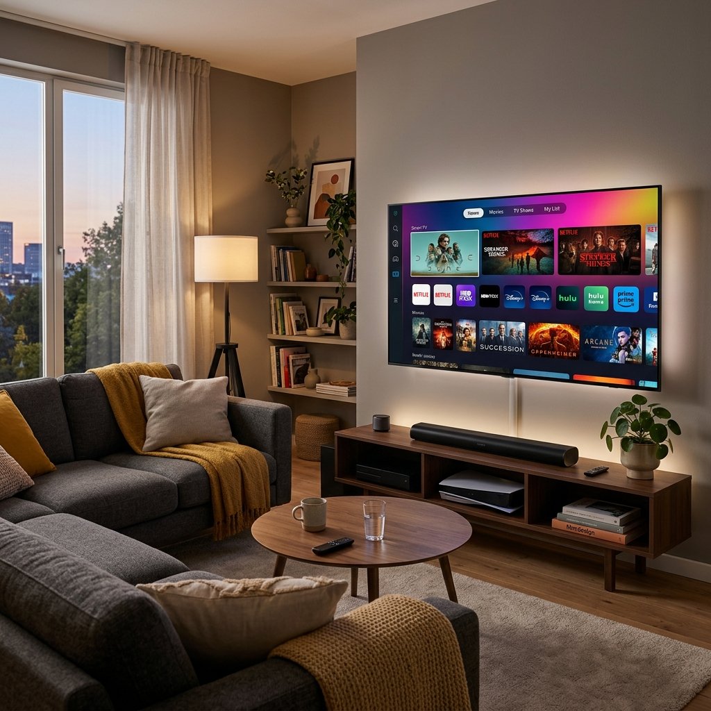 Teste IPTV funcionando em Smart TV com interface de streaming de alta qualidade